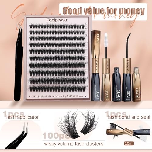 Focipeysa Fluffy Lash Clusters Kit D Curl Lashes Extensions Thick Volume Eyelash Clusters DIY Eyelash Extension with Lash Glue Lash Bond and Seal 10-16mm Fluffy Cluster Eyelash Extension DIY Lashes