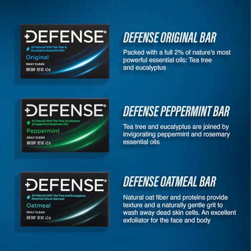 Defense Soap All Natural Tea Tree Bar Soap, 3 Bar Variety Pack - Original, Peppermint, Oatmeal