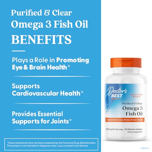 Doctor's Best Omega 3 Fish Oil Supplement for Women & Men - Source of DHA, EPA, & Omega-3 Fatty Acids, Purified, High 2000 mg Potency, Heart Health Support, Non-GMO, Gluten Free - 120 Marine Softgels