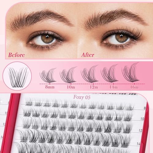 Lash Clusters Kit Wispy Lashes -Lash Clusters Clear Band Eyelash Clusters Natural Look Lash Extension Kit Invisible Band Individual Lashes Clusters 0.07D 8-16MM WideSpan Cluster Eyelash Extension DIY