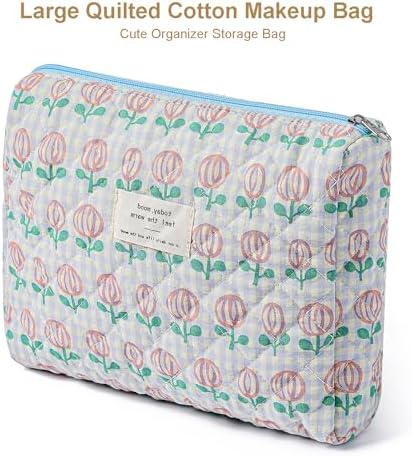 Gleyemor Quilted Makeup Bag for Women, Cute Floral Cotton Cosmetic Bag, Travel Toiletry Bag Period Bag Essentials Bag Gifts for Her Mom Friend Sister Bridesmaid (Tulip)