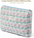 Gleyemor Quilted Makeup Bag for Women, Cute Floral Cotton Cosmetic Bag, Travel Toiletry Bag Period Bag Essentials Bag Gifts for Her Mom Friend Sister Bridesmaid (Tulip)