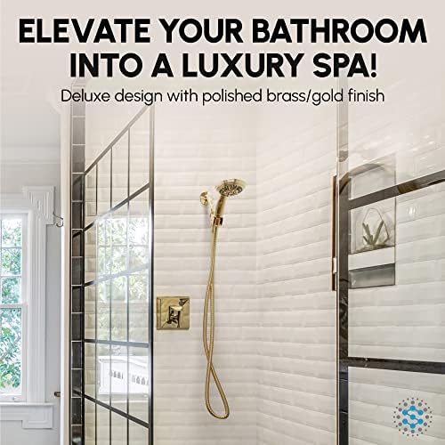 Luxury Spa: ImperialShine Gold Hand Held Shower Head, 4.5 inch 6 Spray Setting Handheld Showerhead with Extra-Long Hose, Experience Comfort and Elegance (Polished Brass/ImperialShine Gold)