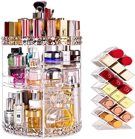V-HANVER Makeup Organizer Combo - 360° Rotating Makeup Organizer with 7 Adjustable Layers Acrylic Skincare Organizer Large Cosmetic Display Case Clear Perfume Organizer with Makeup Lipstick Holder