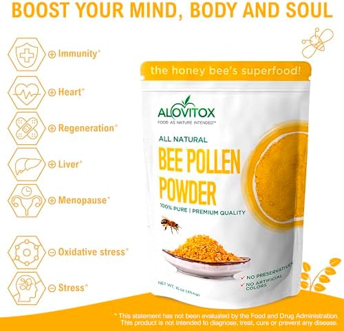 Alovitox Fresh Bee Pollen Powder | 100% Pure, Fresh, Raw | Supports The Immune System | Proteins, Vitamins B6, B12, C, A | Gluten Free, Non-GMO | 16 Oz