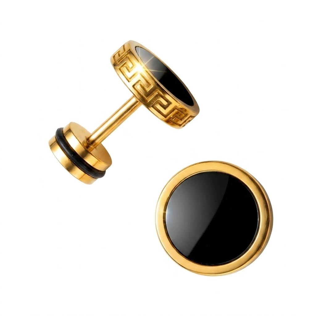 2026 Upgraded Hypoallergenic earrings for men,Mens surgical steel black stud earring jewelry,Great Wall wall grain round cake shape,Single black gel 0.4 inches wide