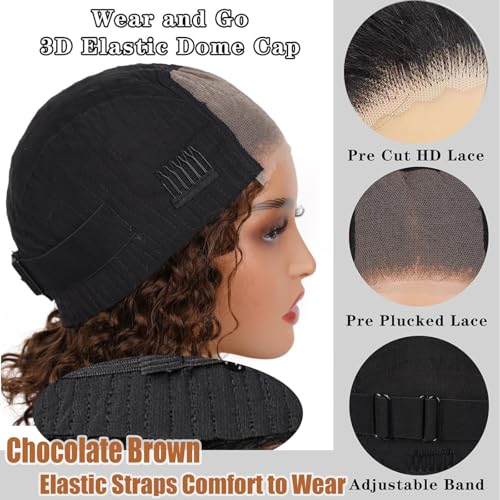Chocolate Brown Glueless Wigs Human Hair Pre Plucked Pre Cut 180% Density Closure Wigs Human Hair Bob Wig Curly Human Hair Wig Wear and Go Glueless Wig for Women 12 Inches