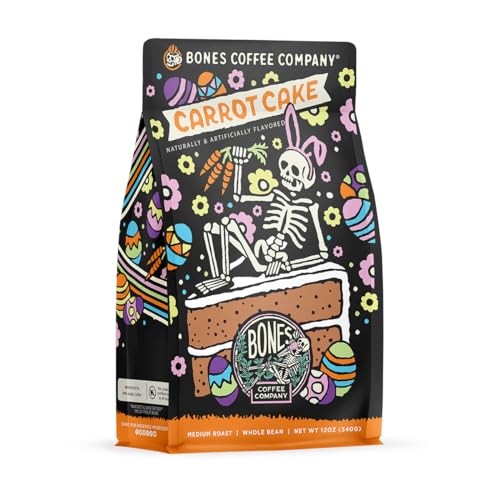 Bones Coffee Company Carrot Cake Flavored Coffee Beans, Whole Bean Coffee Medium Roast Low Acid, Carrot Cake Flavor (12 oz)