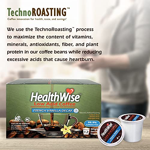 Healthwise French Vanilla Decaf Low Acid Coffee K-Cups - Swiss Water Process - Acid Reflux, Heartburn, Gastro Issues - Healthier Coffee For Sensitive Stomachs - Available In 4 Different Flavors - 12