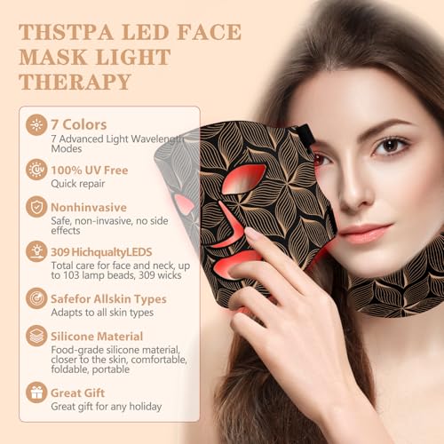 Led Face Mask Light Therapy,Red Light Therapy for Face and Neck,7 Colors LED Facial Skin Care Mask,5 Level Brightness Adjustment,309 LED Beads Can Be Used at Home,Black Gold