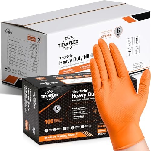 TitanFlex Heavy Duty Nitrile Gloves, 6 Mil Orange Raised Diamond Texture, Mechanic Disposable Gloves Latex Free Powder Free