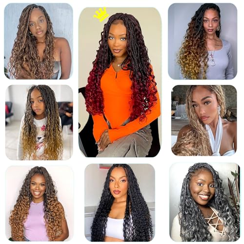 LIYATE 7 Packs Crochet Box Braids 24 Inch Boho Crochet Hair for Black Women Bohomian Crochet Braids Synthetic Pre Looped Goddess Box Braids Crochet Braiding Hair with Curly Ends, 1B/27
