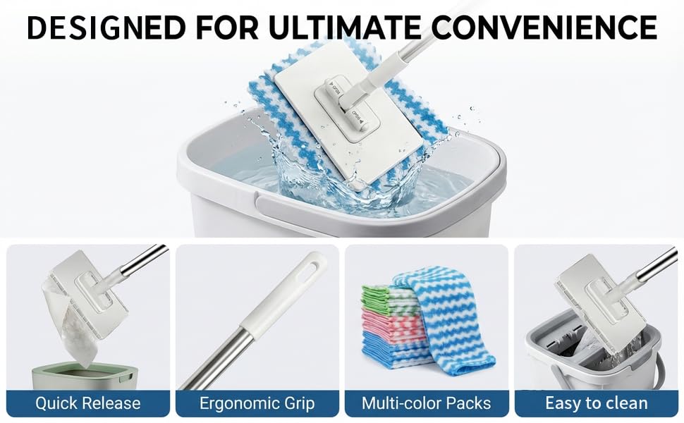 Snap Grip Mini Mop, Zero Touch MiniMop, Disposable Clip Mopstick Reusable Cloths, Retractable Gap Dust Cleaner Flat Mops with Locking Head & Sweeping Cloths (1*mop+5*Cloth)