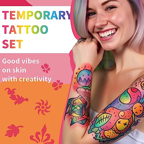 Temporary Tattoo Markers for Skin, 15 Colors Tattoo Pen + 50 Paint Stencils + 43 Tattoos Stickers, Glitter & Matte & Neon Glow Body Marker Set, Removable Fake Tattoos Kit for Teens and Adult