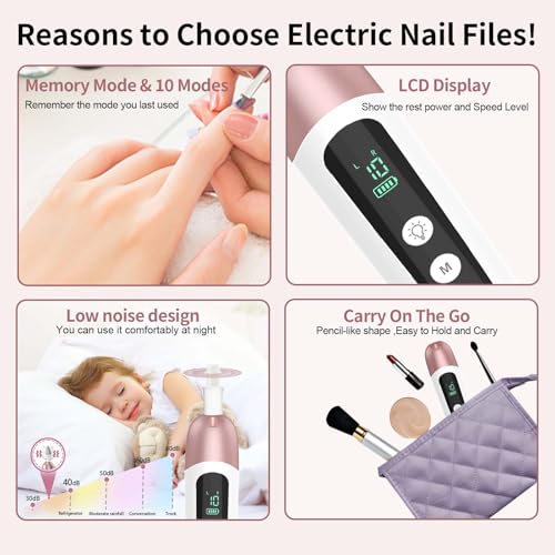 Cordless Electric Nail File Set, Professional Manicure Pedicure Kit, 10 Speed Portable Nail Drill Machine with Memory Modes, Pedicure Tools for feet, Hand Foot Care Tool for Thick Nail Toenail Cuticle