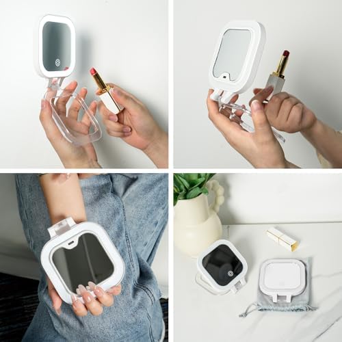 FUNTOUCH Compact Travel Lighted Makeup Mirror, Rechargeable Double-Sided 1X10X Magnification Mirror with 3 Lights, Handheld Tabletop Portable Hanginig Mirror with Bag, Dimmable Touch Screen