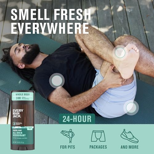 Every Man Jack All Over Deodorant - 24 Hour Whole Body Odor Protection - Aluminum Free - Coastal Surf Scent 2.6 oz (1 Pack)