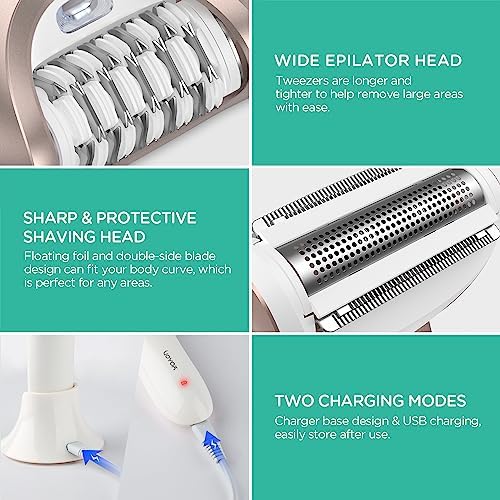 VOYOR Epilator for Women, 3 in 1 Epilator Hair Removal for Women, Epilators Hair Remover for Leg Arm with 30 Tweezers, Rechargeable & Cordless Electric Lady Shaver & Trimmer BM300 (Champagne Gold)