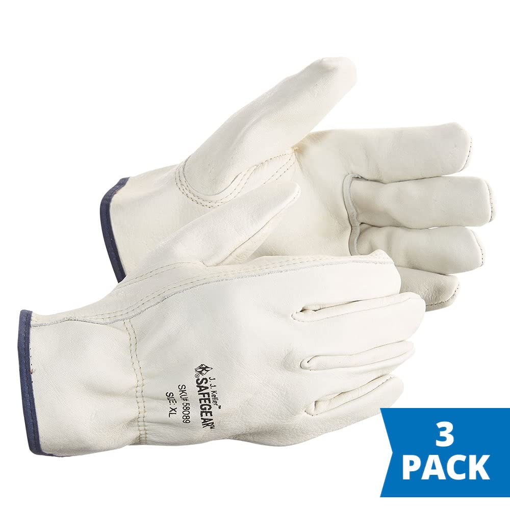 SAFEGEAR 3-pk. Cowhide Leather Work Gloves with Keystone Thumb - XL Driver Safety Gloves for Men or Women - For Truck Driving, Construction, Welding, Gardening & More - & Associates