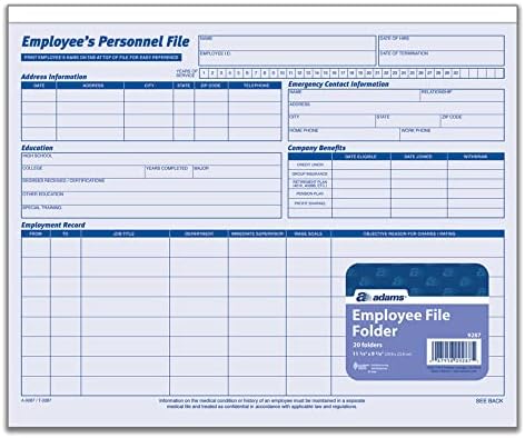 Adams Employees Personnel File Folder, Heavy Card Stock, 11-3/4 x 9-1/2 Inches, Pack of 20 Folders (9287ABF) ,Blue/White