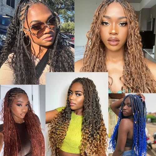 Goddess Box Braids Crochet Hair 8 Packs Pre-looped Boho Box Braiding Hair With Curly Ends Synthetic Braiding Hair Extensions for Women (1B/33/30, 18inch)