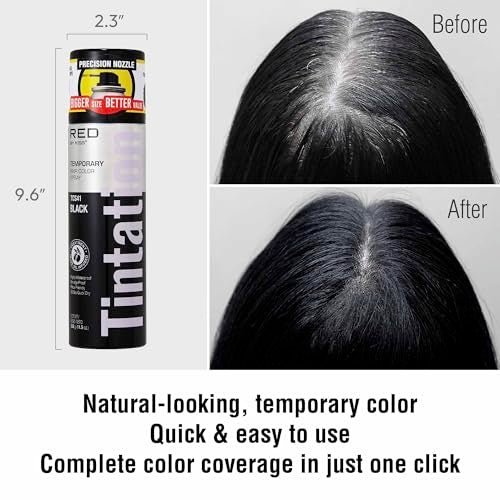 RED by Kiss Tintation Temporary Hair Color Spray, Extra Large Size, Instant Gray Root Cover Up, Water-Resistant, Smudge-Proof, Hairline & Barber Touch-Up, Quick Dry (Black, 11.5 OZ)