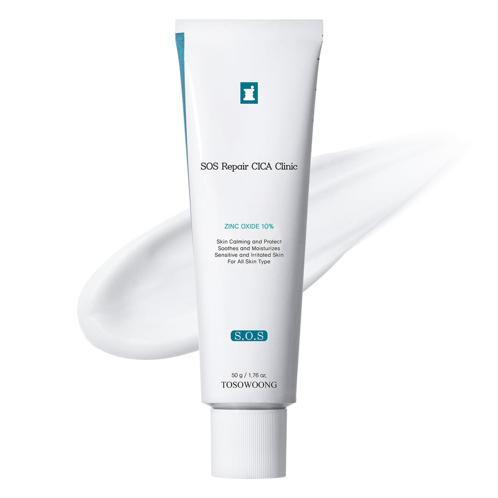 TOSOWOONG SOS Repair CICA Clinic Zinc Cream, 100,000ppm Zinc Oxide, Heal, Soothe Acne, Redness, Rosacea Treatment, Skin Barrier Repair, Moisture, Non-Comedogenic, Korean Skincare, 50g, 1.76 oz.