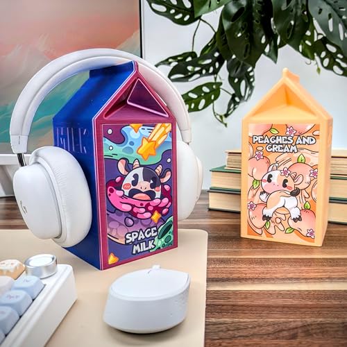 Milk Carton Headphone Stand - Universal Headset Holder - Cute Headphone Stand Hanger - Kawaii Desk Accessories - Pink Gaming Setup - Sturdy Desk Headset Mount (Oat Milk)