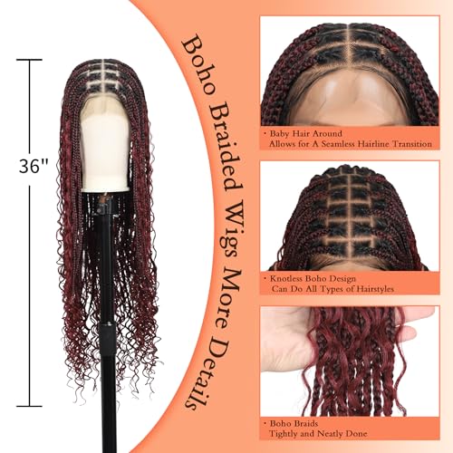 Brinbea 13x8 HD Lace Front Braided Wigs Box Braid Wig with Baby Hair Knotless Boho Braided Wigs for Women Long Burgundy Human Hair Blended Braids Wig 36 Inch
