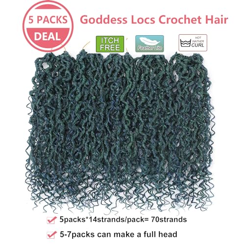 Goddess Locs Crochet Hair Blue&Green Mixed Color, 18 Inch Curly Faux Locs Crochet Hair For Women, Pre Looped Boho Hippie River Locs Crochet Hair,Synthetic Hair Braids(18 in, 5 Packs,Blue/Green#)