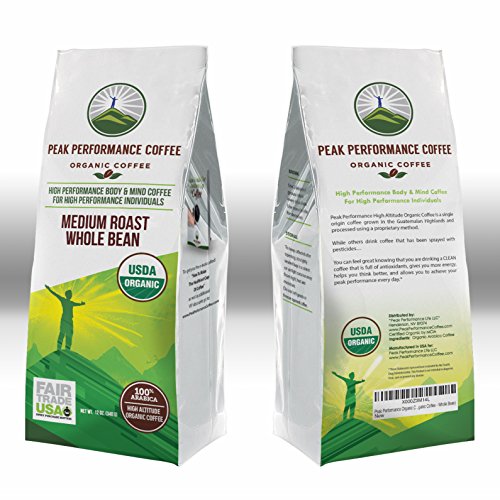 Peak Performance High Altitude Organic Coffee. Fair Trade, Low Acid, Non GMO, and Beans Full Of Antioxidants. Medium Roast Smooth Tasting USDA Certified Organic Whole Bean Coffee Bag