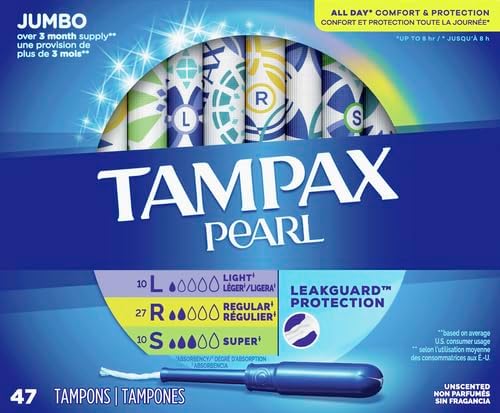 Tampax Pearl Plastic Tampons, Mutlipack, Light/Regular/Super Absorbency, Unscented, 47 Count (Packaging May Vary)
