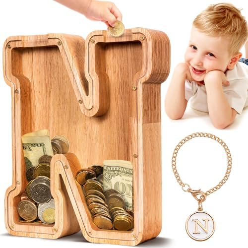 SummiDate Wooden Letter Piggy Bank| Piggy Bank for Boys Girls Toddler| Alphabet N Money Bank| Coin Bank Birthday Gift for Kids|Birthday Gift for Kids (N)
