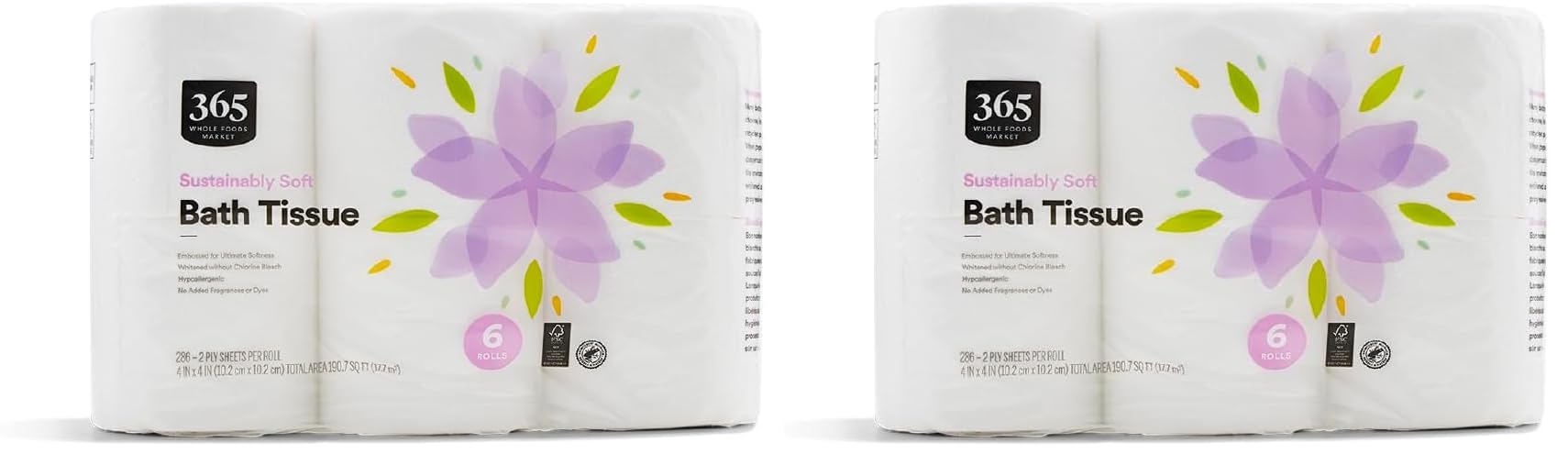 365 by Whole Foods Market, Bath Tissue Double Roll 286 Sheet 6 Count, 286 Count (Pack of 2)