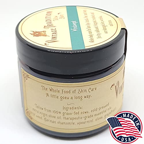 Vintage Tradition Beef Tallow All Purpose Balm – Healing, Hydrating Weather-Protecting Skin Care Salve Replaces Body Lotion, Hand Cream, More – Essential Oil, Olive Oil, and Grass-Fed Tallow, 2 fl oz.