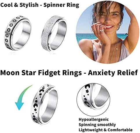 MUCAL Fidget Rings for Anxiety 8pcs Stainless Steel Spinner Ring Anti Anxiety Ring Spinning Moon Star Cool Stress Relieveing Rings for Women Men