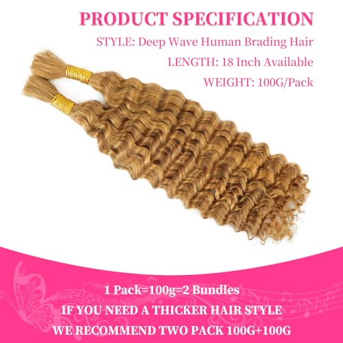 Honey Blonde Human Braiding Hair for Boho Braids Deep Wave Bulk Human Braiding Hair 100g 18 Inch 2 Bundles/Pack No Weft Color 27# 100% Brazilian Human Braiding Hair Extensions for Micro Braiding