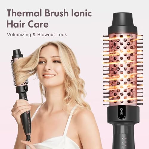 Thermal Brush Blowout, Curling Iron 1.5 Inch Thermal Round Hair Curling Brush with 5 Temp Settings, Universal Voltage, Tourmaline Ceramic, Negative Ion Technology, New Update Rose Gold