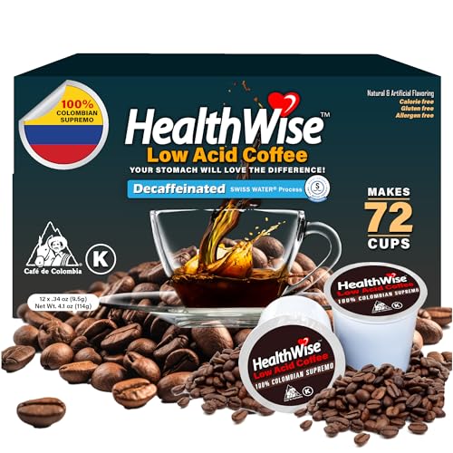 Healthwise Low Acid Unflavored Decaf, Chemical-Free Swiss Water Process, 99.9% Caffeine Free, 100% Colombian Coffee K-Cups – Medium Roast, Healthier Coffee for Sensitive Stomachs - 72 Count (Pack of 6)