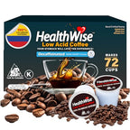 Healthwise Low Acid Unflavored Decaf, Chemical-Free Swiss Water Process, 99.9% Caffeine Free, 100% Colombian Coffee K-Cups – Medium Roast, Healthier Coffee for Sensitive Stomachs - 72 Count (Pack of 6)