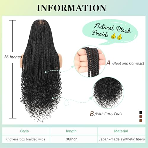 36 Inch 13X8 HD Lace Front Box Braided Wigs With Boho Curly Ends Knotless Braided Wig For Women Human Hair Blended Braids Lace Front Wig With Baby Hair Natural Black