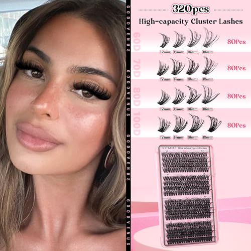 Eyelash Clusters Kit 60+70+80+100D Individual Lashes 320Pcs 12-18mm Lash Extension Kit Wispy Eyelash Extension Kit Fluffy Volume Waterproof Cluster Eyelash Extensions Kit