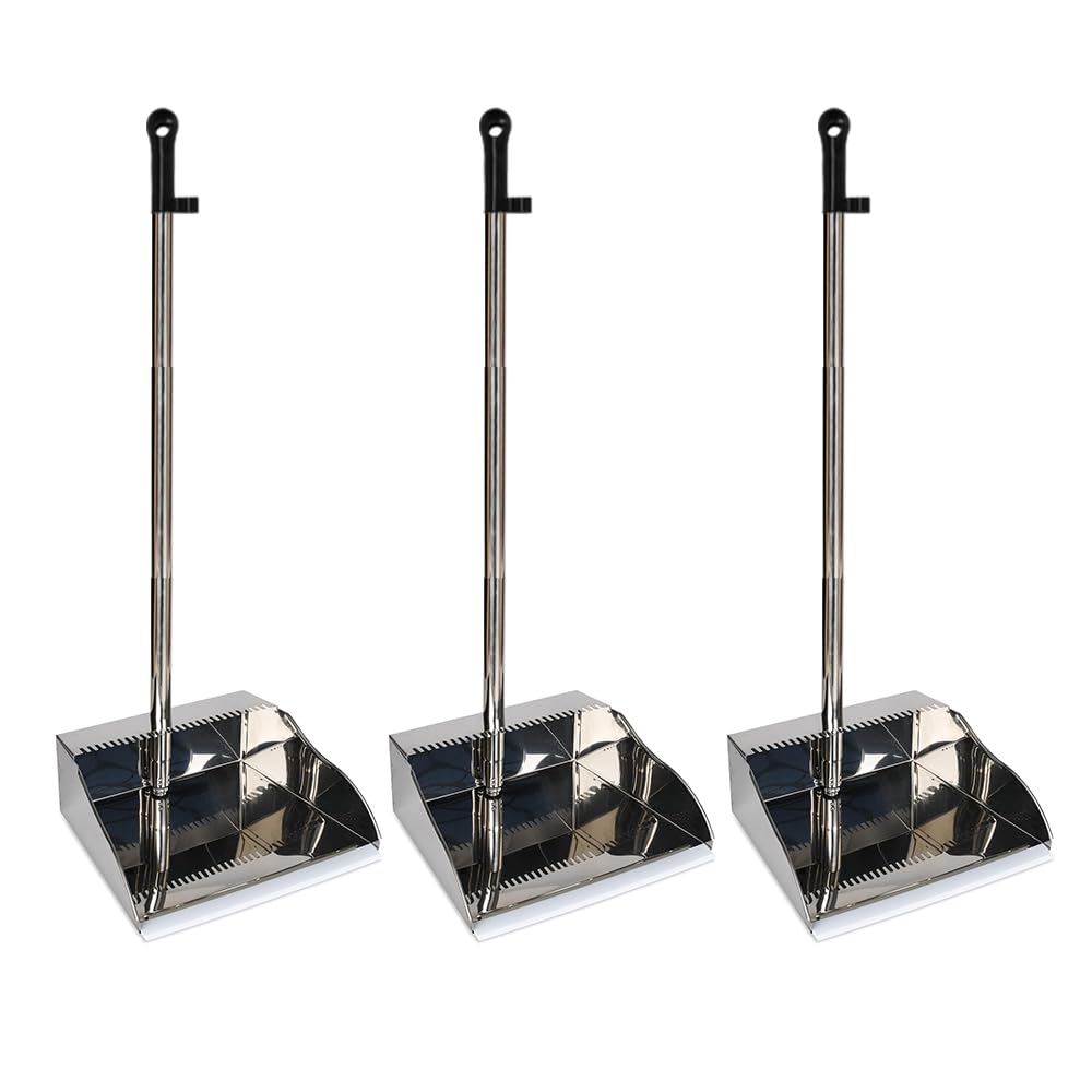 3 Pack Stainless Steel Dustpan Metal Dustpan with Handle Heavy Duty Dust Pan Upright Dust Pan for Home Office Lobby