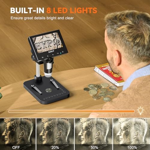Elikliv Coin Microscope, 4.3'' LCD Digital Microscope 1000x, Coin Magnifier with 8 Adjustable LED Lights, PC View Compatible with Windows/Mac, EDM4B, Black
