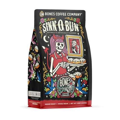 Bones Coffee Company Sinn 'O' Bun Flavored Coffee Beans, Whole Bean Coffee Medium Roast Low Acid, Cinnamon Bun Flavor (12 oz)