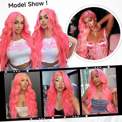 26 Inch Pink Lace Front Wig Human Hair Pre Plucked 13x4 Body Wave Pink Wig Human Hair 200% Density Colored Wigs Human Hair Long Pink Wig with Baby Hair HD Lace Front Wigs Human Hair for Women