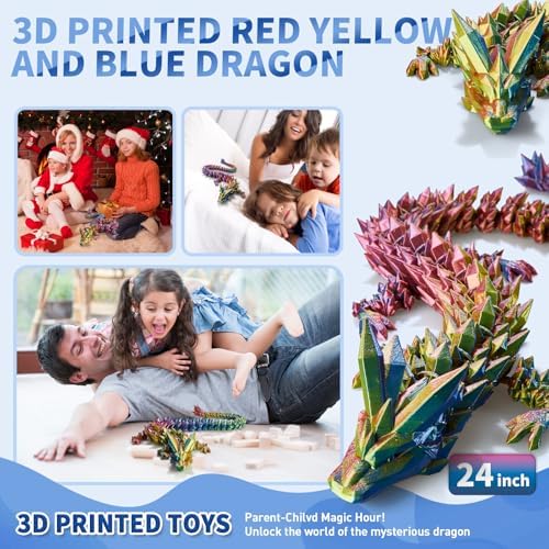 Large 3D Printed Dragon,24 Inch 3D Dragon Toys,Bigger Fidget Crystal Animals Toys, 3D Printed Articulated Animals for Home Office Car Desk Decor (Red Gold Blue, 24 inch)