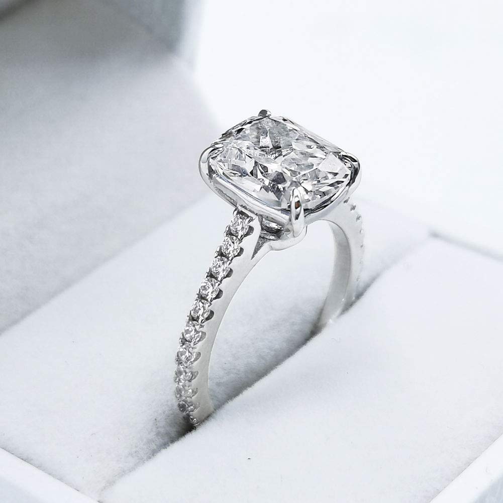 Bo.Dream Cushion Cut Cubic Zirconia CZ Engagement Rings for Women Platinum Plated Sterling Silver (6)