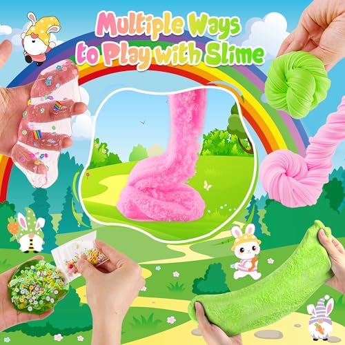 LAWOHO 6 Packs Bunny Pink Slime Kit -Cloud Clear Butter Slimes with Easter Charms & Add-ins, Soft Fluffy Slimes Kits for Girls & Boys, 360ml Pink & Green Easter Slime Making Kit Party Favor for Kids