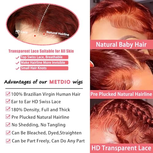 Reddish Brown Lace Front Wigs Human Hair Pre Plucked 13X6 Body Wave Lace Front Wigs Human Hair with Baby Hair Colored Red HD Lace Frontal Wigs 180% Density Human Hair Wigs For Women 32 Inch